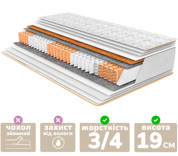 Фото Матрас Persei Organic Pocket Spring Cocos (110) 90x160x19 см / 2в1 средняя жесткость + умеренно-жесткий (2788169) - matras-online.com.ua