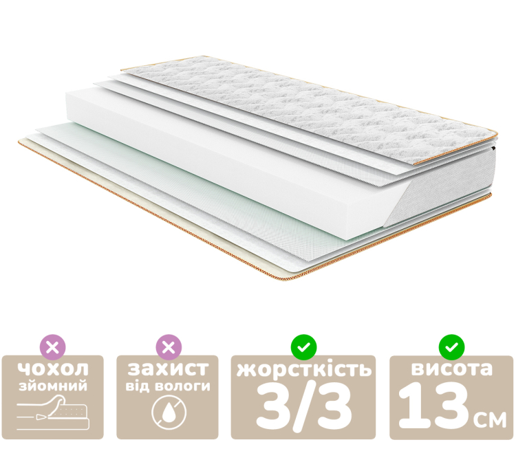 Фото Матрас Persei Organic Simple Plus (05) 90x160x13 см / средняя жесткость (2788121) - matras-online.com.ua
