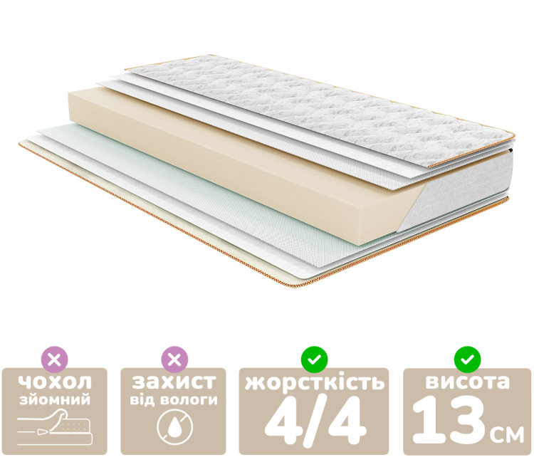 Фото Матрас Persei Organic Simple Plus (05) 90x150x13 см / умеренно-жесткий (2788144) - matras-online.com.ua